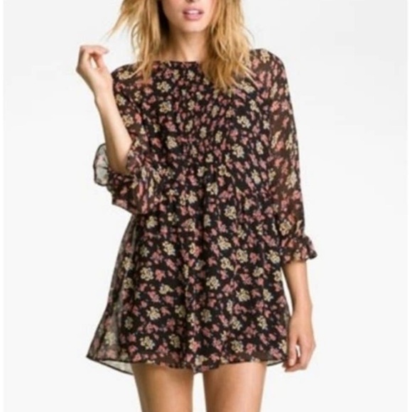 Free People Springy Black Floral Tunic Mini Dress size 2 - Picture 3 of 8
